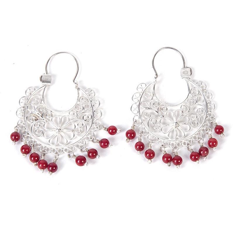 Arracadas con Piedra Roja Coral / Mexican Folk Art Silver Jewelry