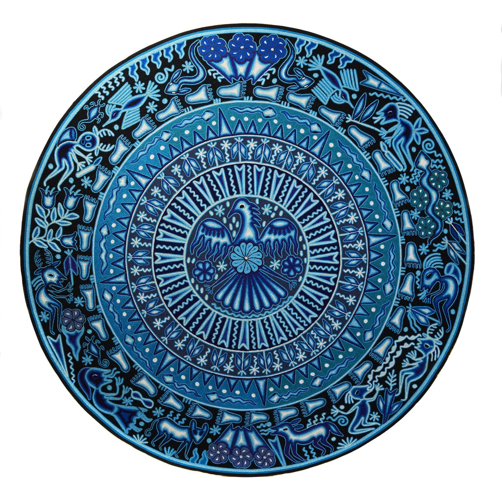 Huichol Indian "Wirikuta" - Blue Yarn Painting - Mexican Huichol Art - Mexican Folk Art | Cactus Fine Art