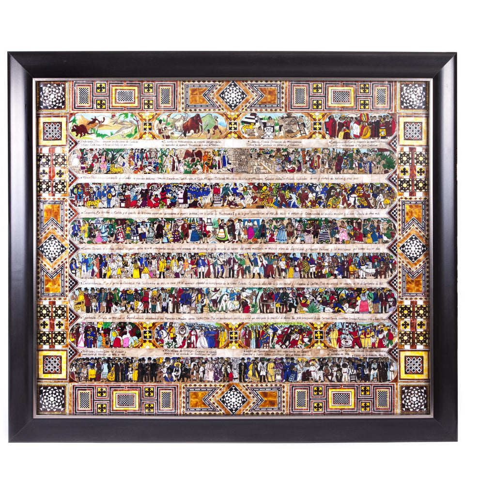 La Historia de Mexico / Mexican Folk Art Featherwork and Inlay Nacre Frame