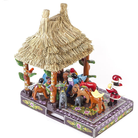Santa Claus en el Nacimiento / Woodcarving Lacquer Mexican Folk Art Nativity