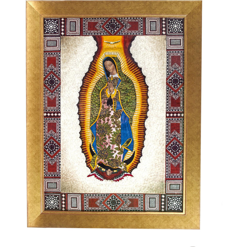 Virgen de Guadalupe con Marco Taraceado en Pluma / Mexican Folk Art Featherwork Frame