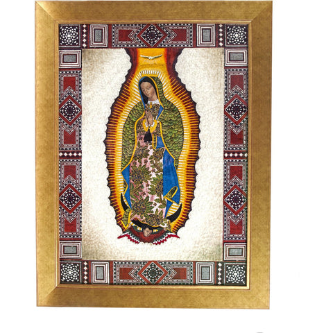 Virgen de Guadalupe con Marco Taraceado en Pluma / Mexican Folk Art Featherwork Frame