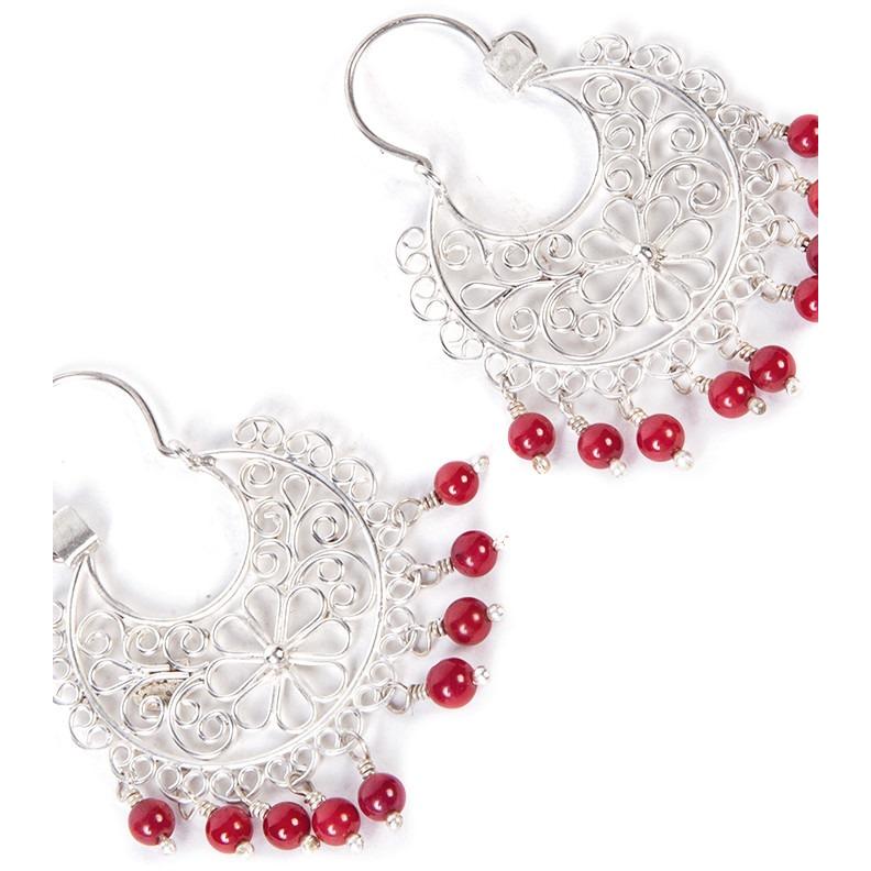 Arracadas con Piedra Roja Coral / Mexican Folk Art Silver Jewelry