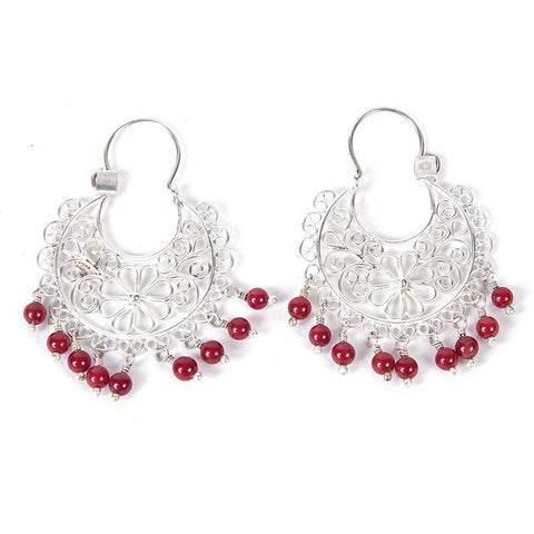 Arracadas con Piedra Roja Coral / Mexican Folk Art Silver Jewelry