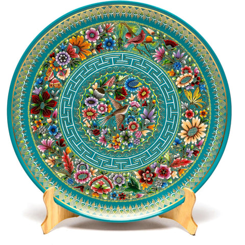Plato Azul-Verde Perfilado en Oro / Woodcarving Lacquer Mexican Folk Art