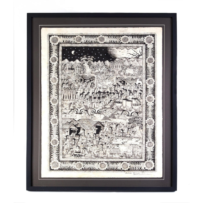Preparando las festividades del nacimiento / Amate Paper Mexican Folk Art Painting Frame Nativity