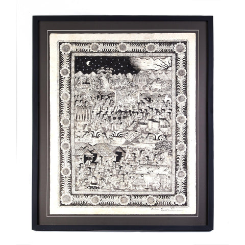 Preparando las festividades del nacimiento / Amate Paper Mexican Folk Art Painting Frame Nativity