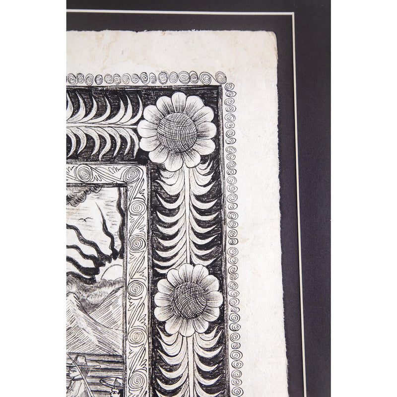 Preparando las festividades del nacimiento / Amate Paper Mexican Folk Art Painting Frame Nativity