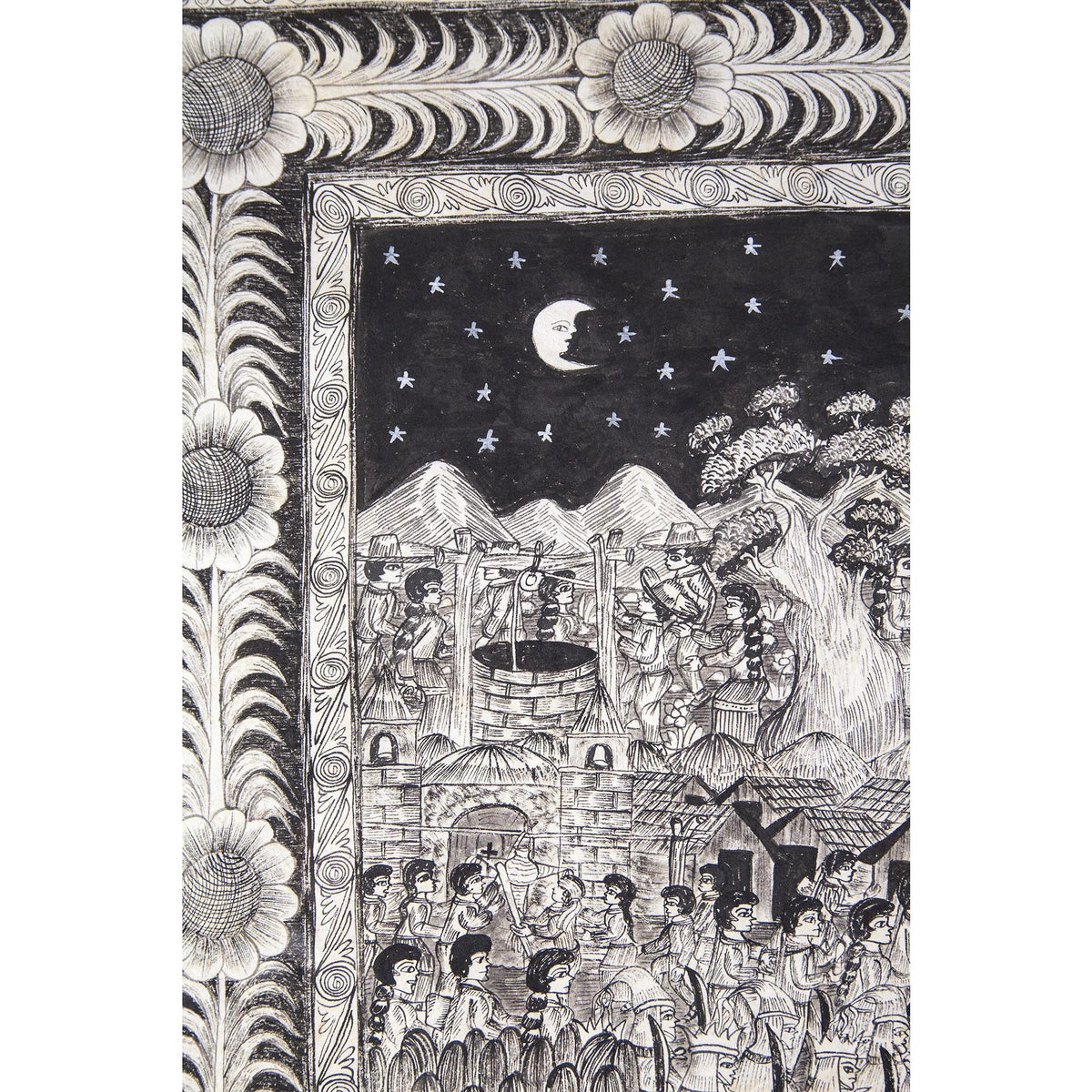 Preparando las festividades del nacimiento / Amate Paper Mexican Folk Art Painting Frame Nativity