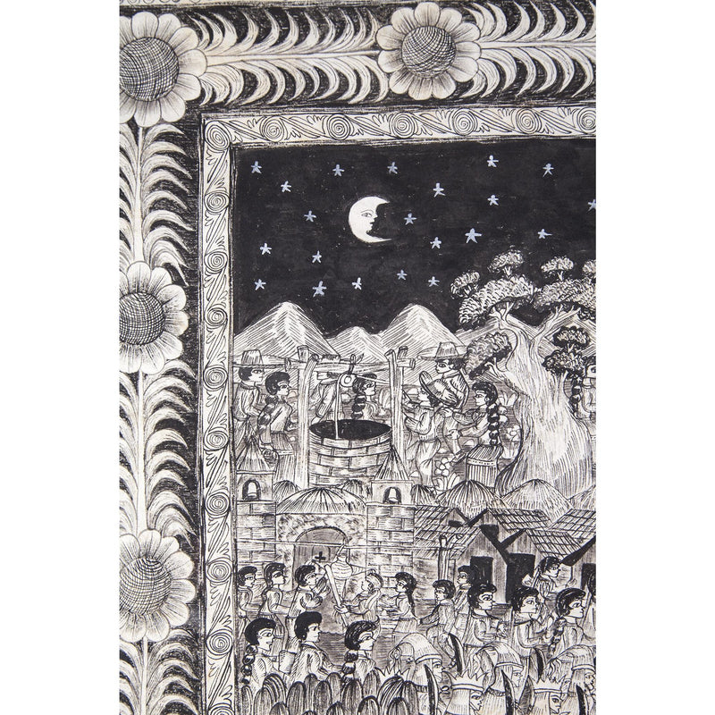 Preparando las festividades del nacimiento / Amate Paper Mexican Folk Art Painting Frame Nativity