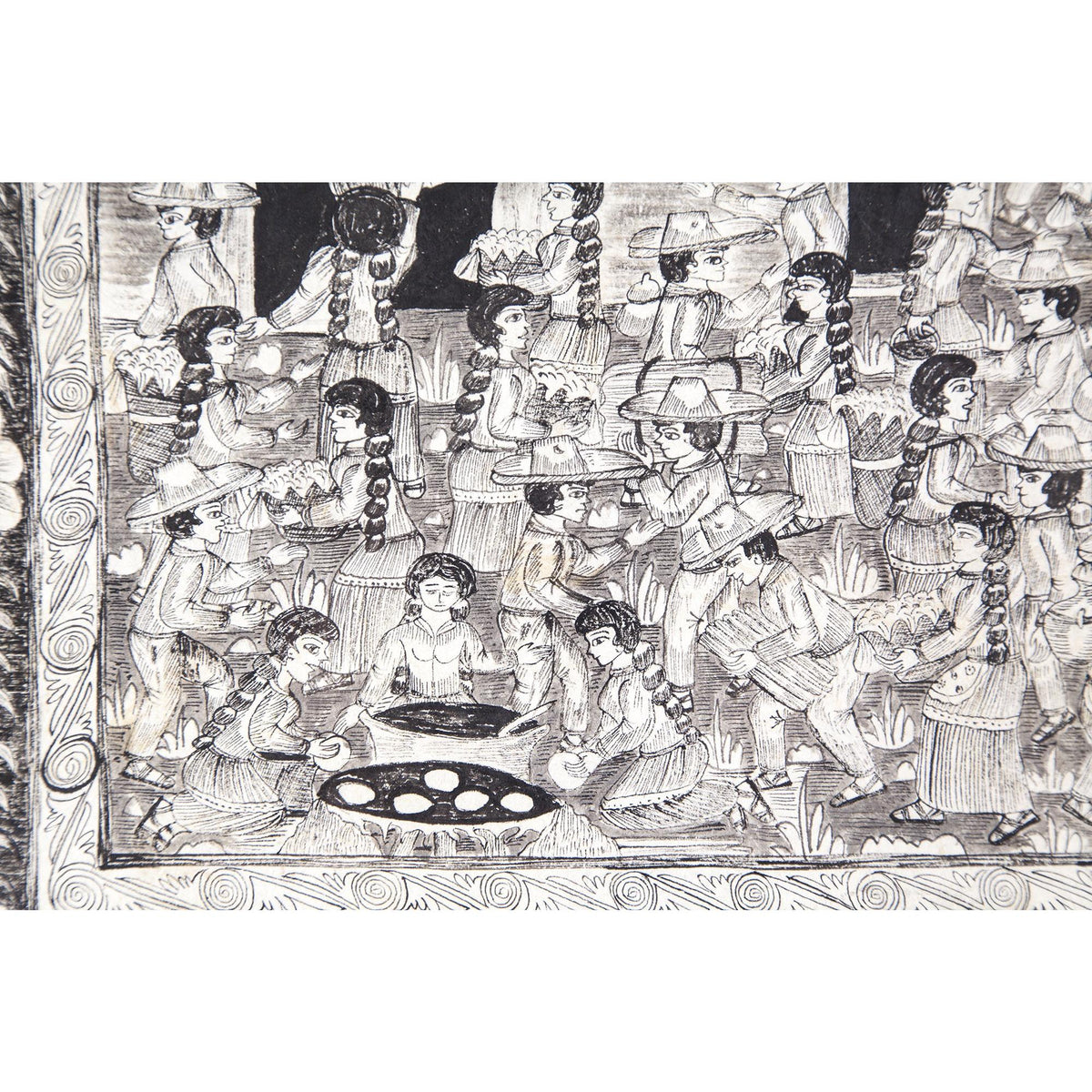 Preparando las festividades del nacimiento / Amate Paper Mexican Folk Art Painting Frame Nativity