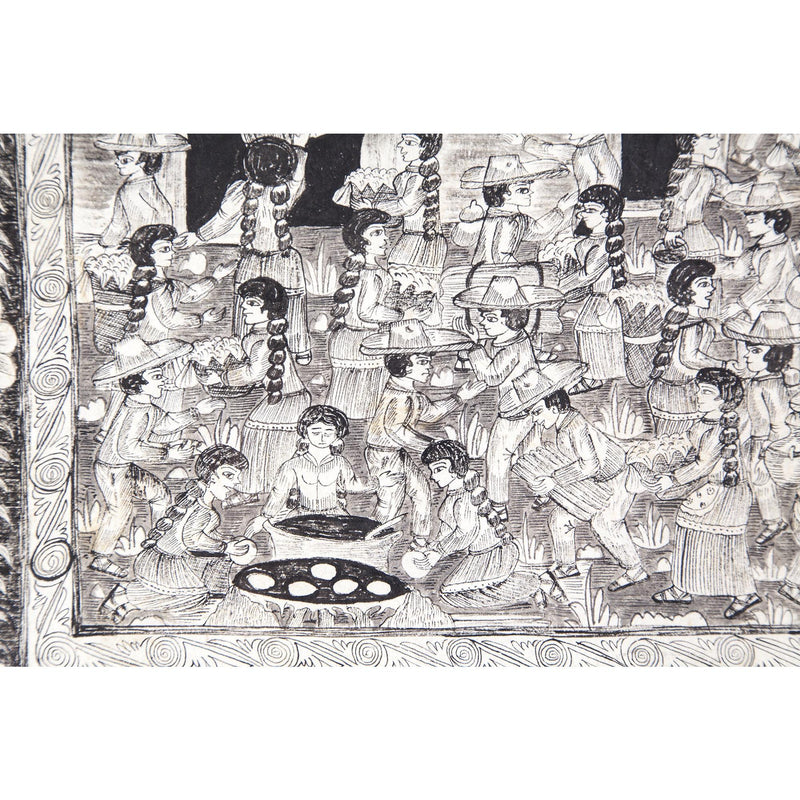 Preparando las festividades del nacimiento / Amate Paper Mexican Folk Art Painting Frame Nativity