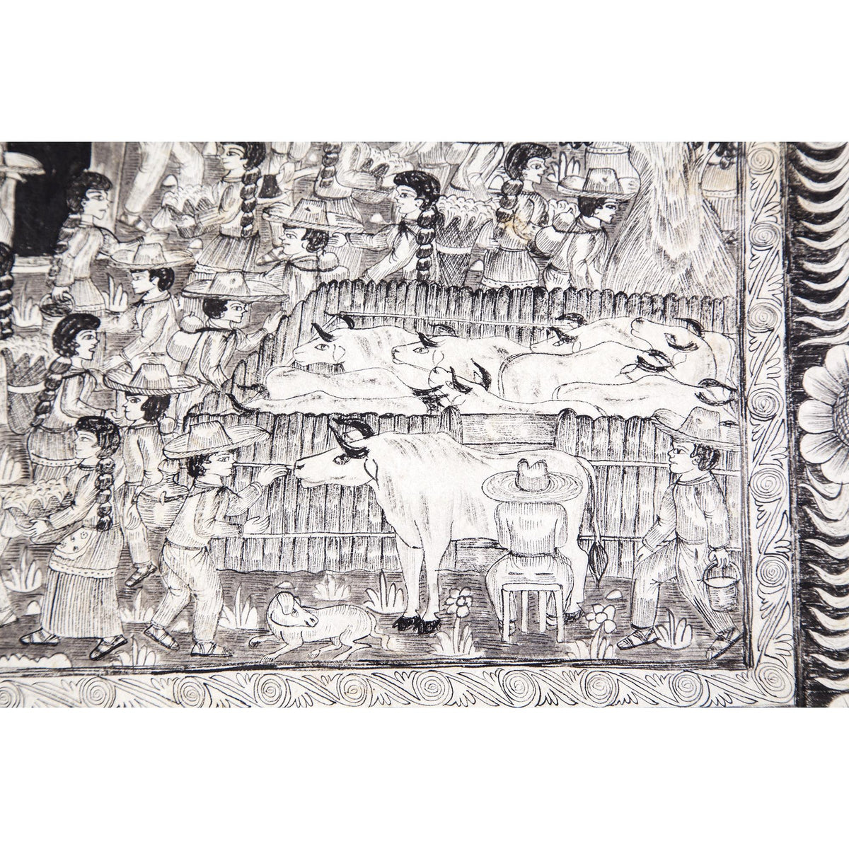 Preparando las festividades del nacimiento / Amate Paper Mexican Folk Art Painting Frame Nativity