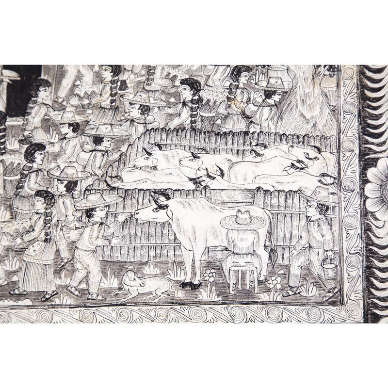 Preparando las festividades del nacimiento / Amate Paper Mexican Folk Art Painting Frame Nativity