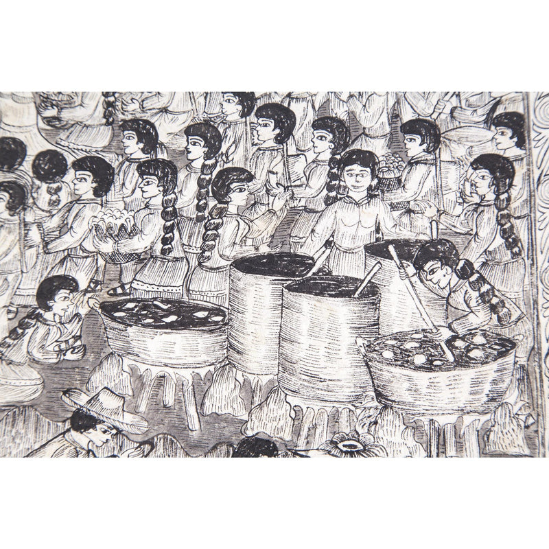 Preparando las festividades del nacimiento / Amate Paper Mexican Folk Art Painting Frame Nativity