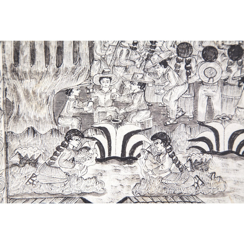 Preparando las festividades del nacimiento / Amate Paper Mexican Folk Art Painting Frame Nativity