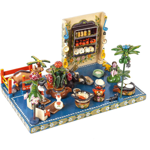 Cocinando / Woodcarving Lacquer Mexican Folk Art