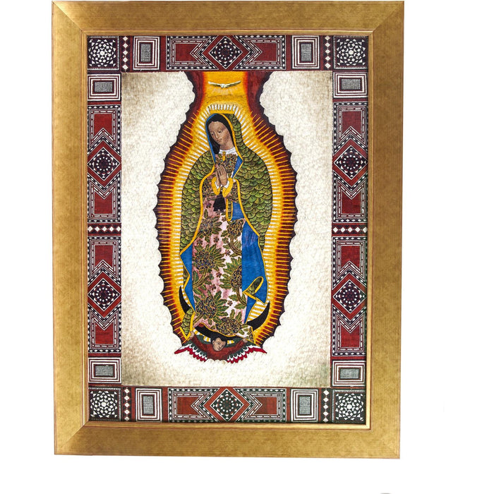 Virgen de Guadalupe con Marco Taraceado en Pluma / Mexican Folk Art Featherwork Frame