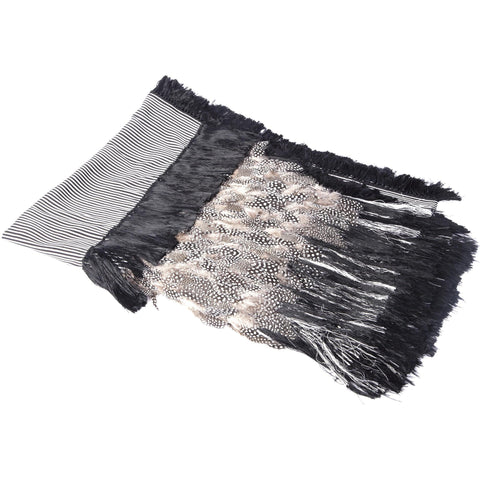 Rebozo Rayado Negro y Blanco con Plumas / Textiles Mexican Folk Art Shawl