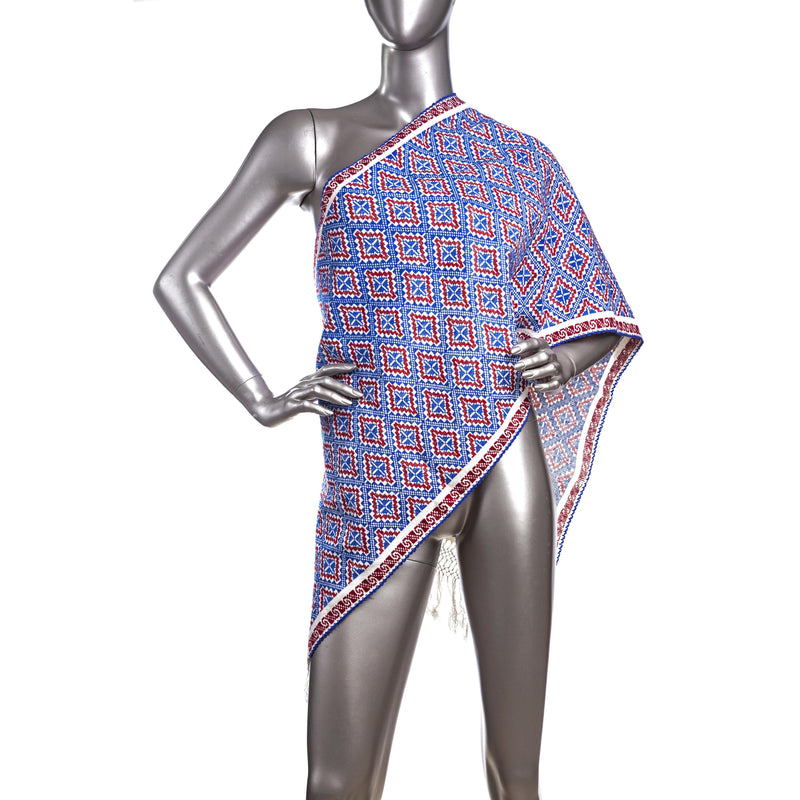 Rebozo Blanco Bordado Rojo Azul / Textiles Mexican Folk Art Shawl